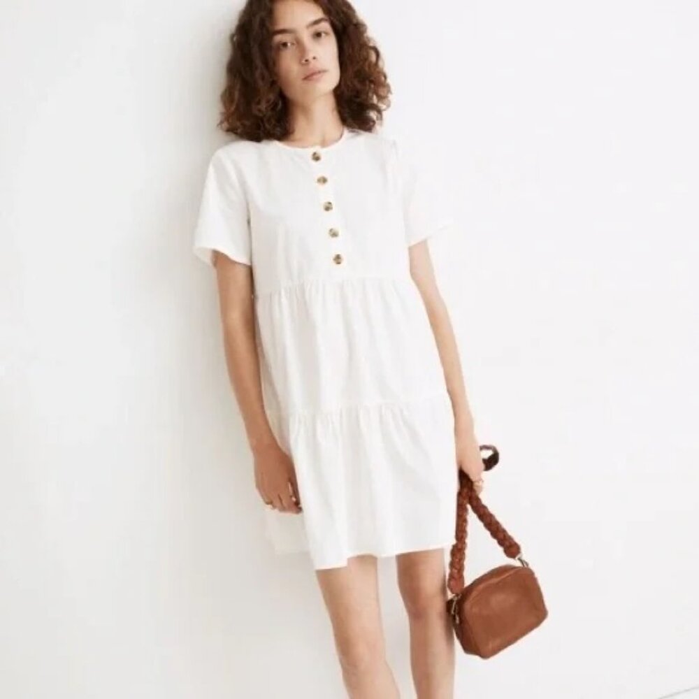 Madewell Button-Front Short-Sleeve Tiered Mini Dress in Cream Size M